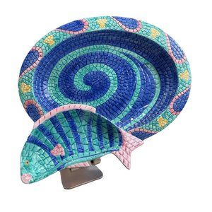 Clay Arts 1995 Ceramic Mosaic Oval / Fish Chip & Dip Set2 Pieces Vintage